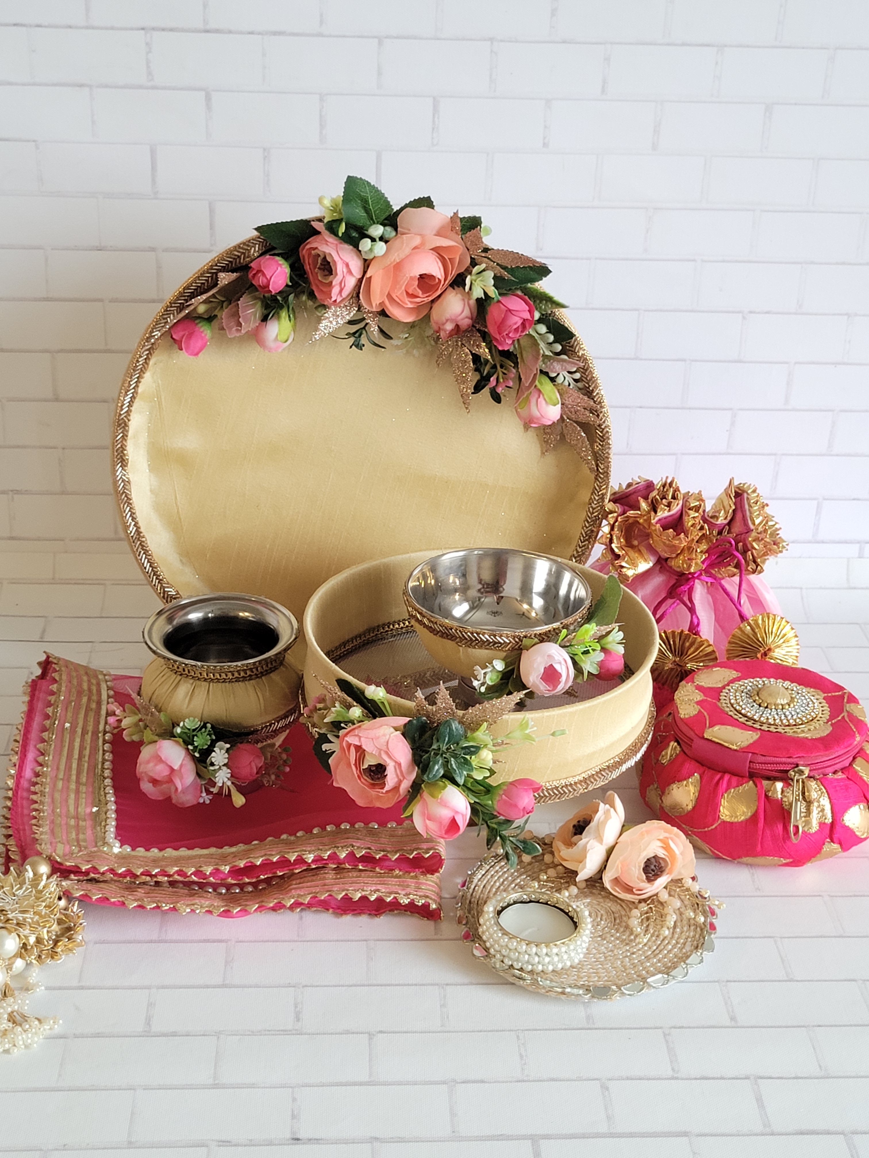 Beige & Pink Floral Work Karva Chauth Thali Set