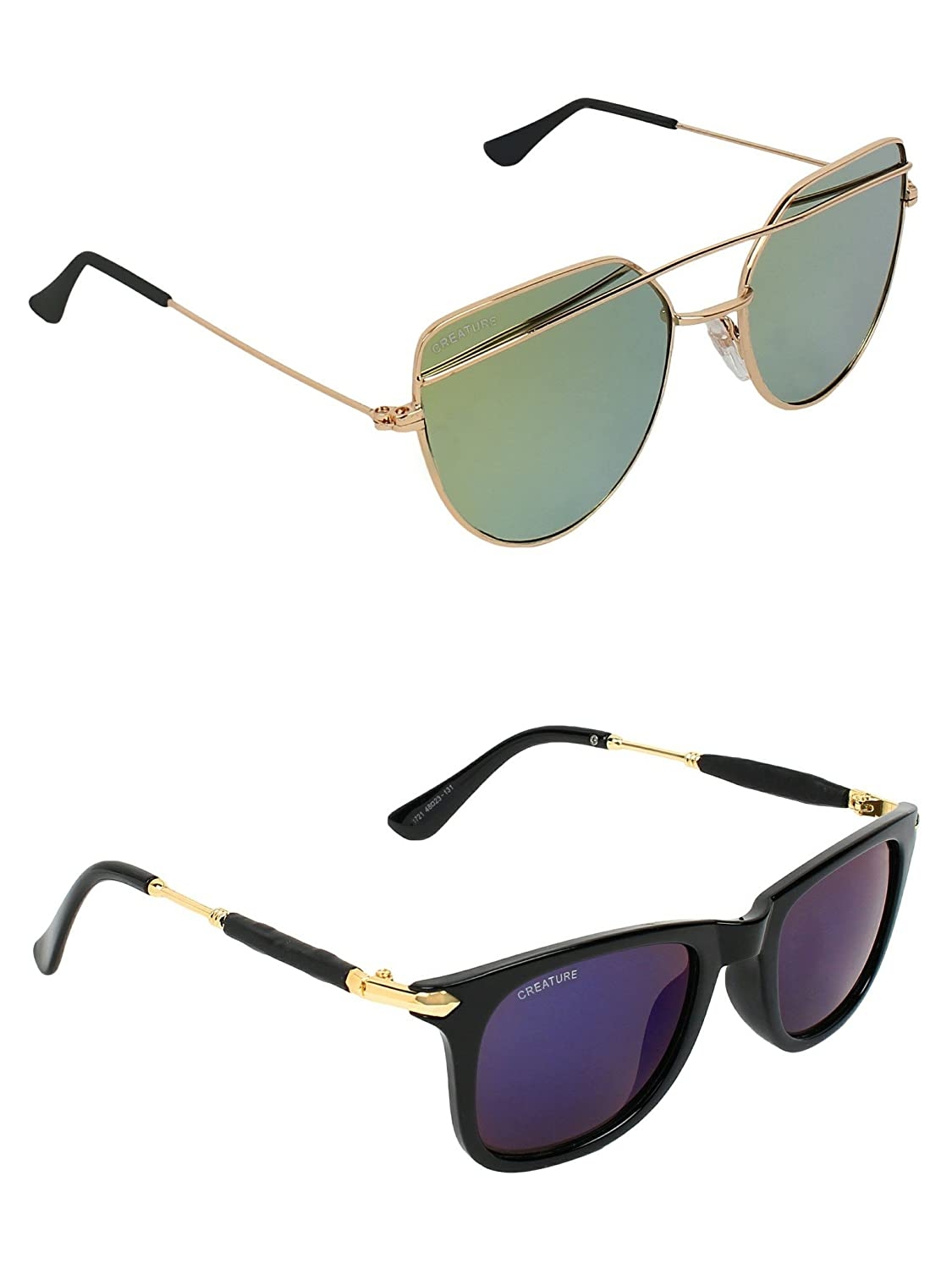 CREATURE | CREATURE Golden Aviator And Blue Wayfarer Sunglasses Combo with UV Protection (Lens-Black/Blue|Frame-Gold/Black)