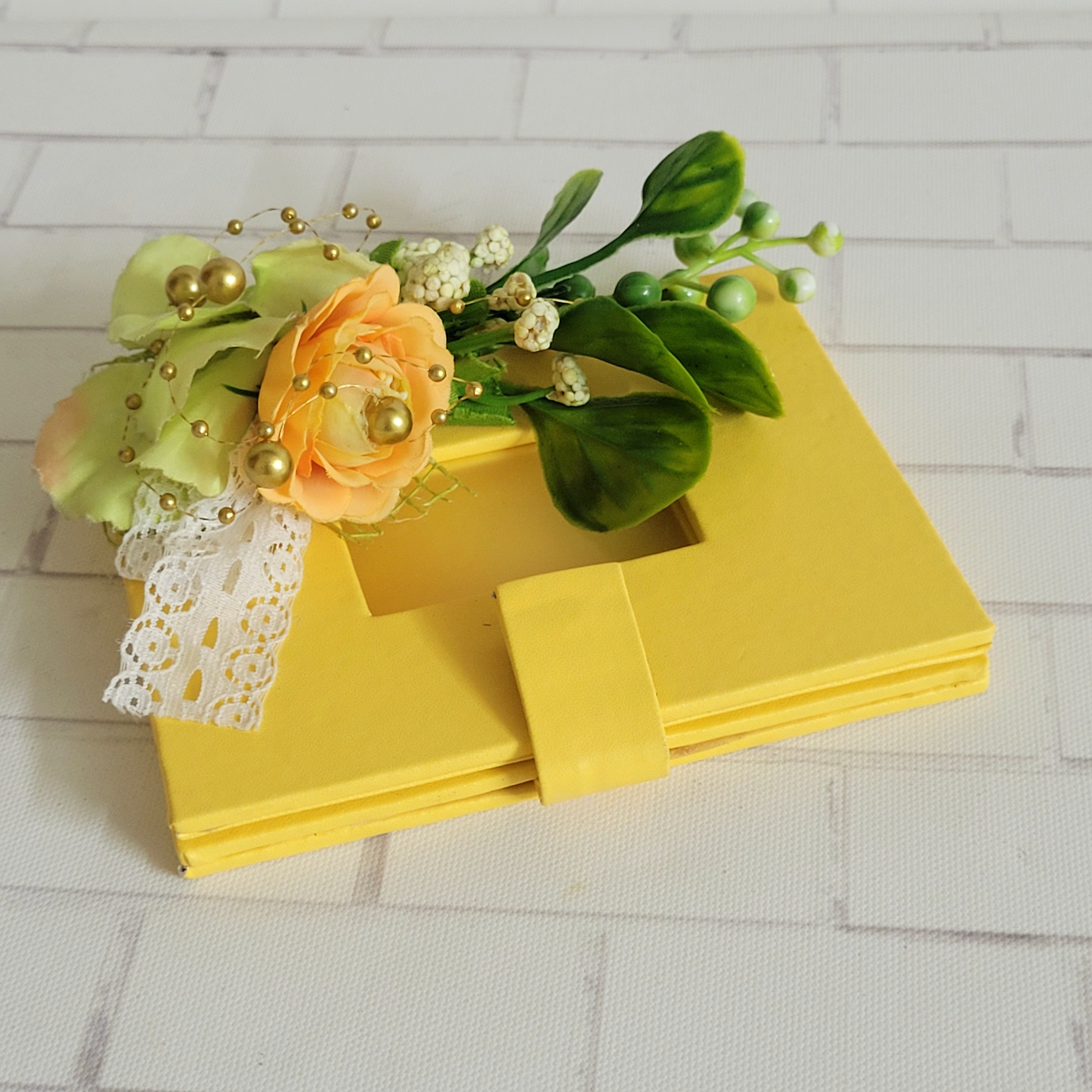 Yellow Flap Box Leather Stuff with Artifical Flower