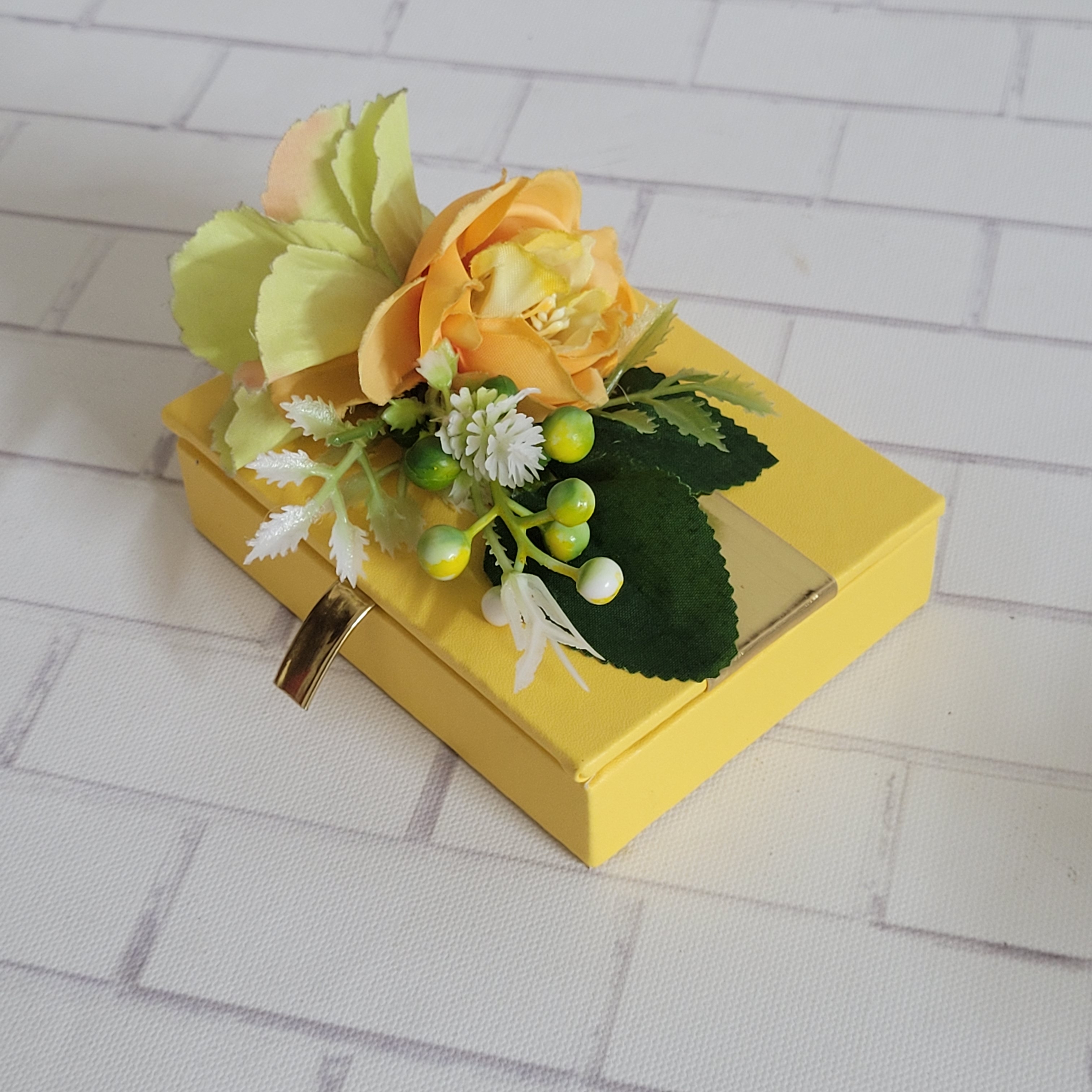 Yellow Card Box Leather Stuff with Artifical Flower