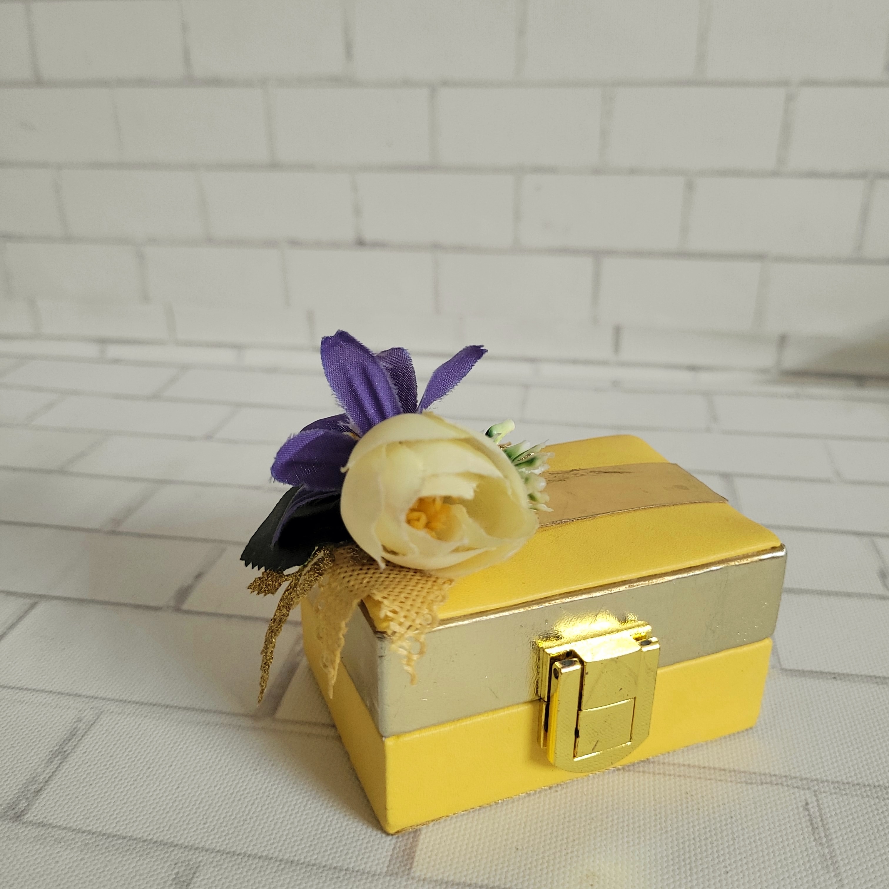 Yellow Coin Box Leather Stuff with Artifical Flower