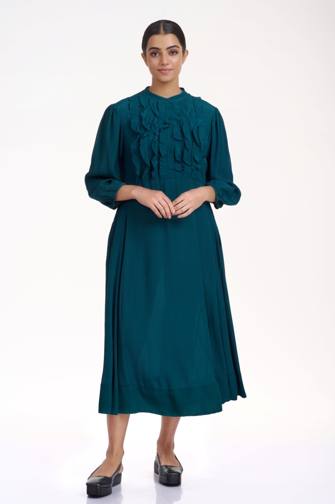 ABRAHAM AND THAKORE | Forest Green Frill Dress