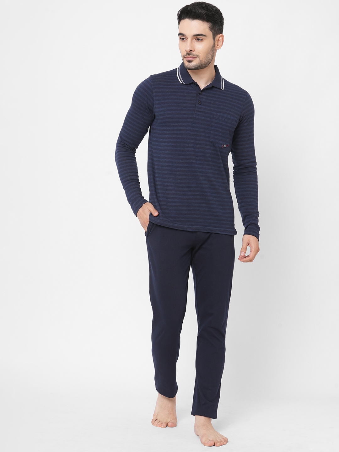 Sweet Dreams Men Navy Mel Cotton-Poly Striped Night Suits