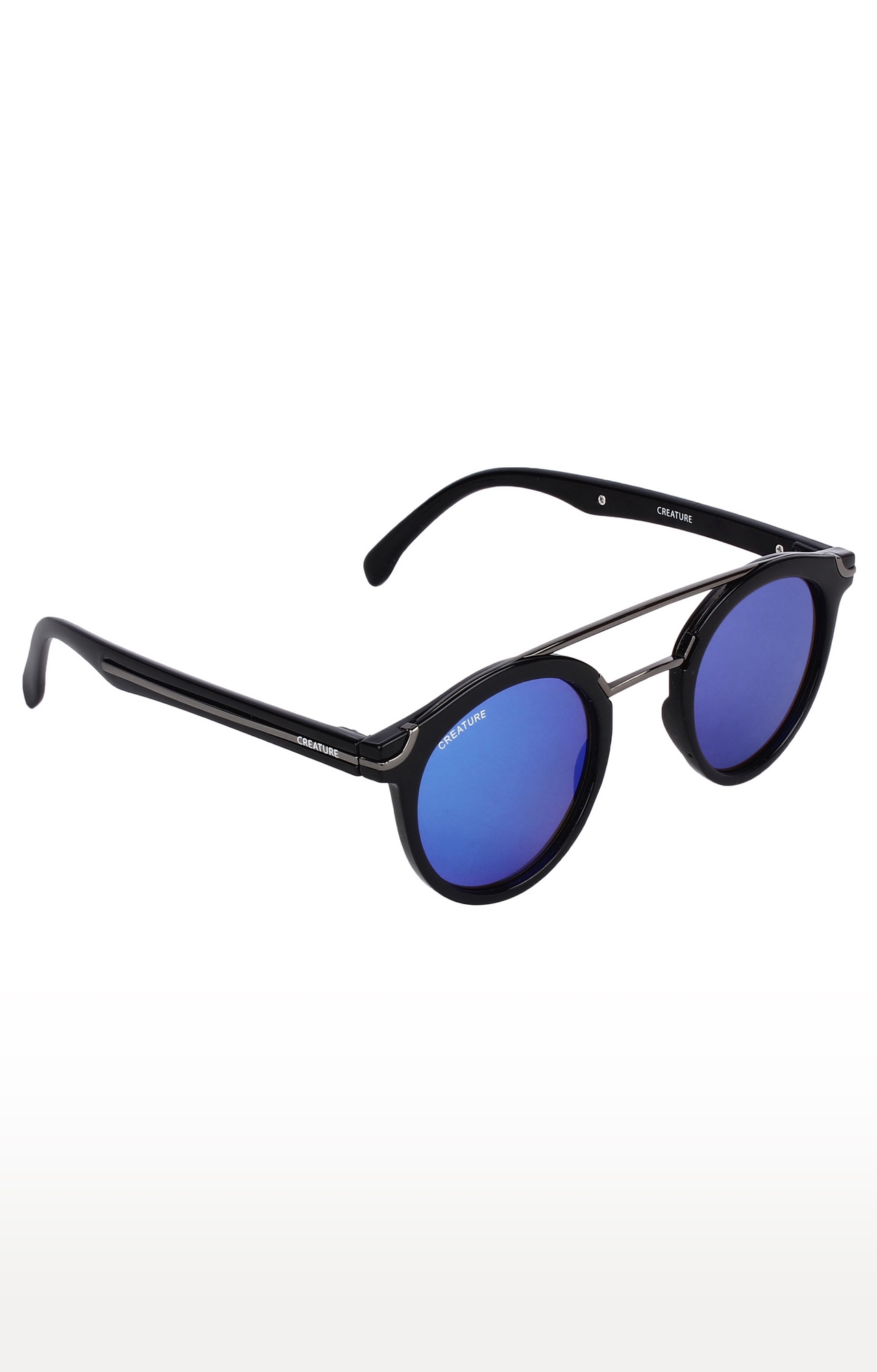 CREATURE | CREATURE Silver Stripped Round Sunglasses (Lens-Blue|Frame-Silver)