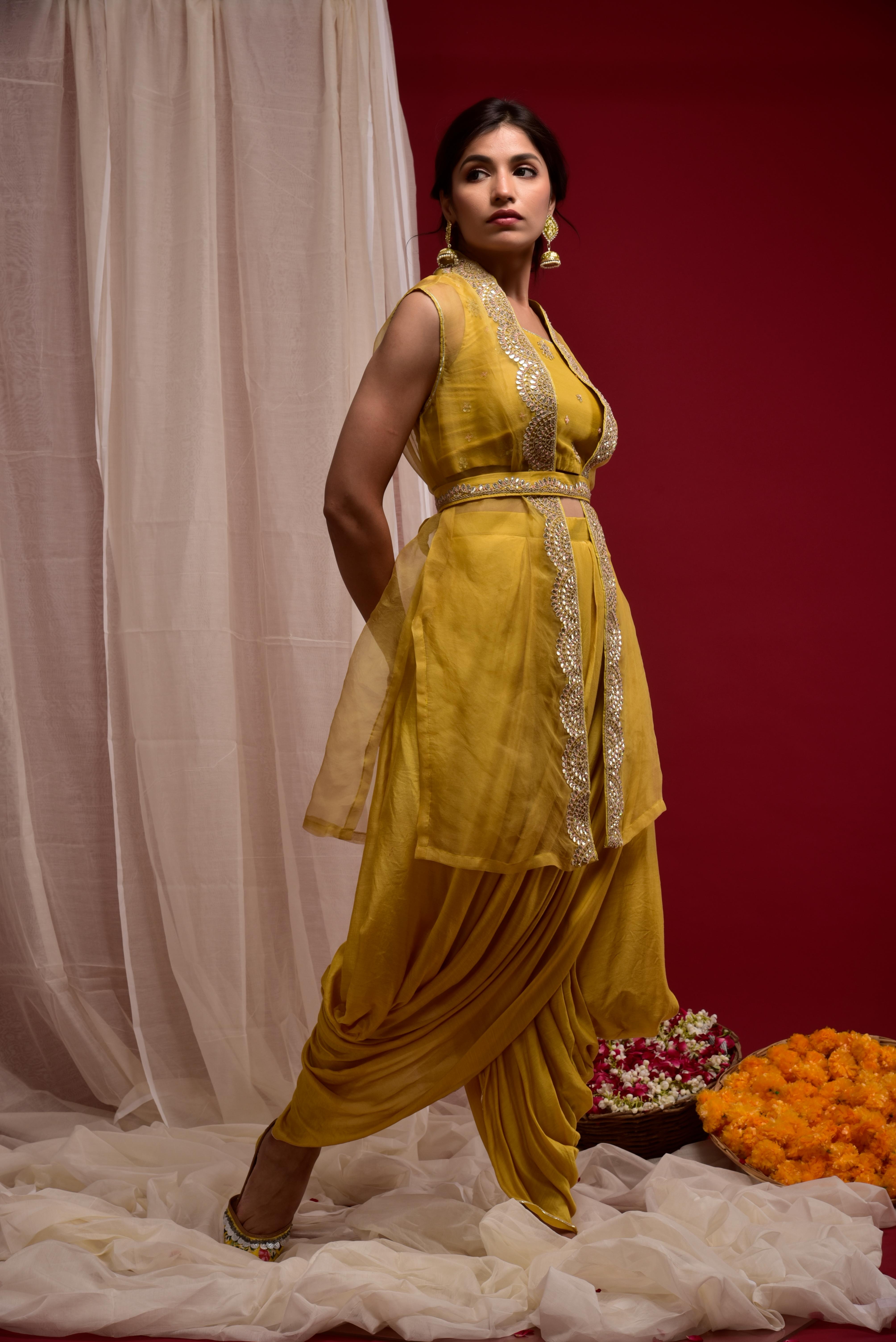 Mustard crop top with a cowl skirt and organza jacket with gota work