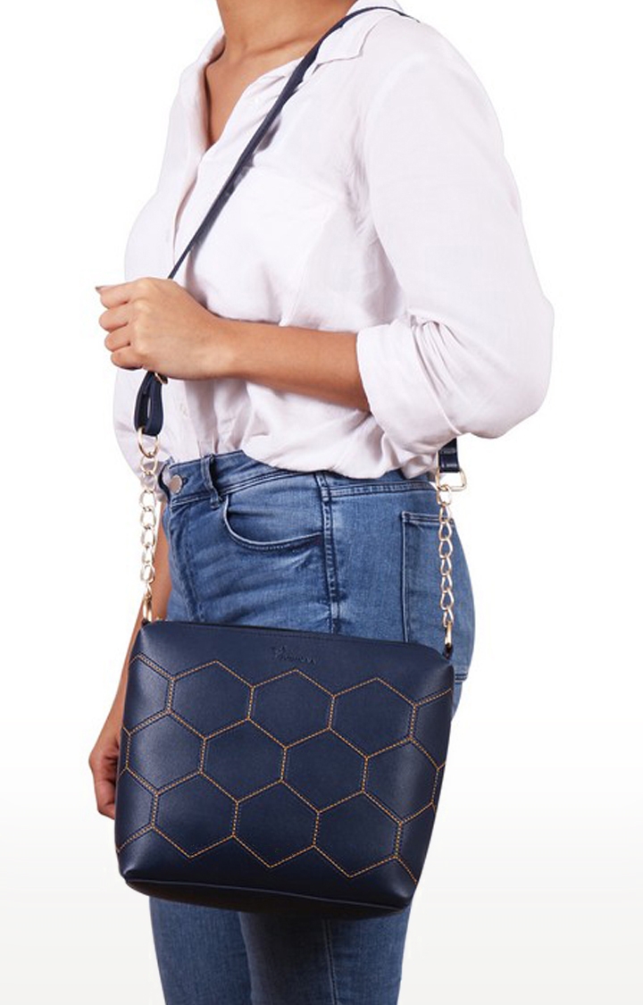 Vivinkaa Navy Blue Hexagon Stitch Detail Solid Sling Bags