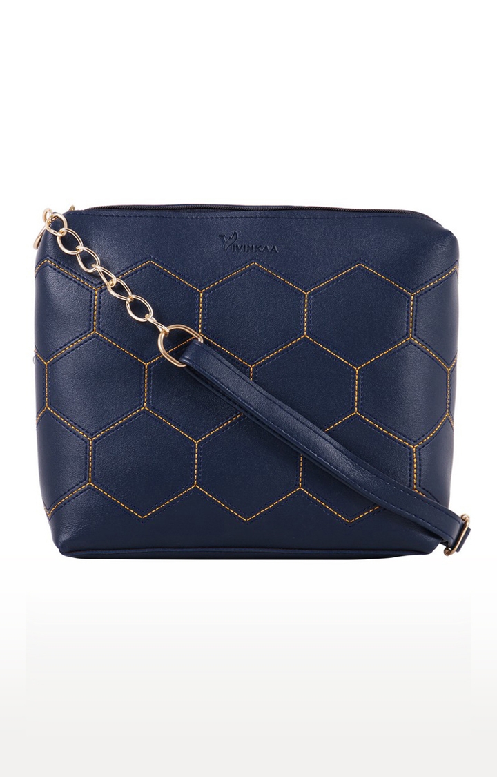 Vivinkaa Navy Blue Hexagon Stitch Detail Solid Sling Bags