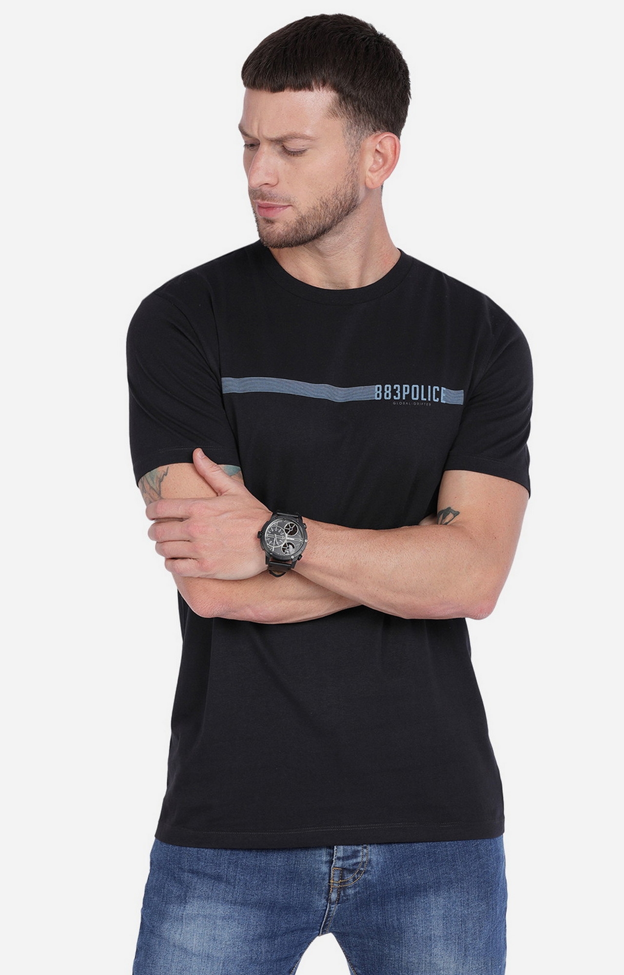 883 Police | Black Printed Lines T-Shirt