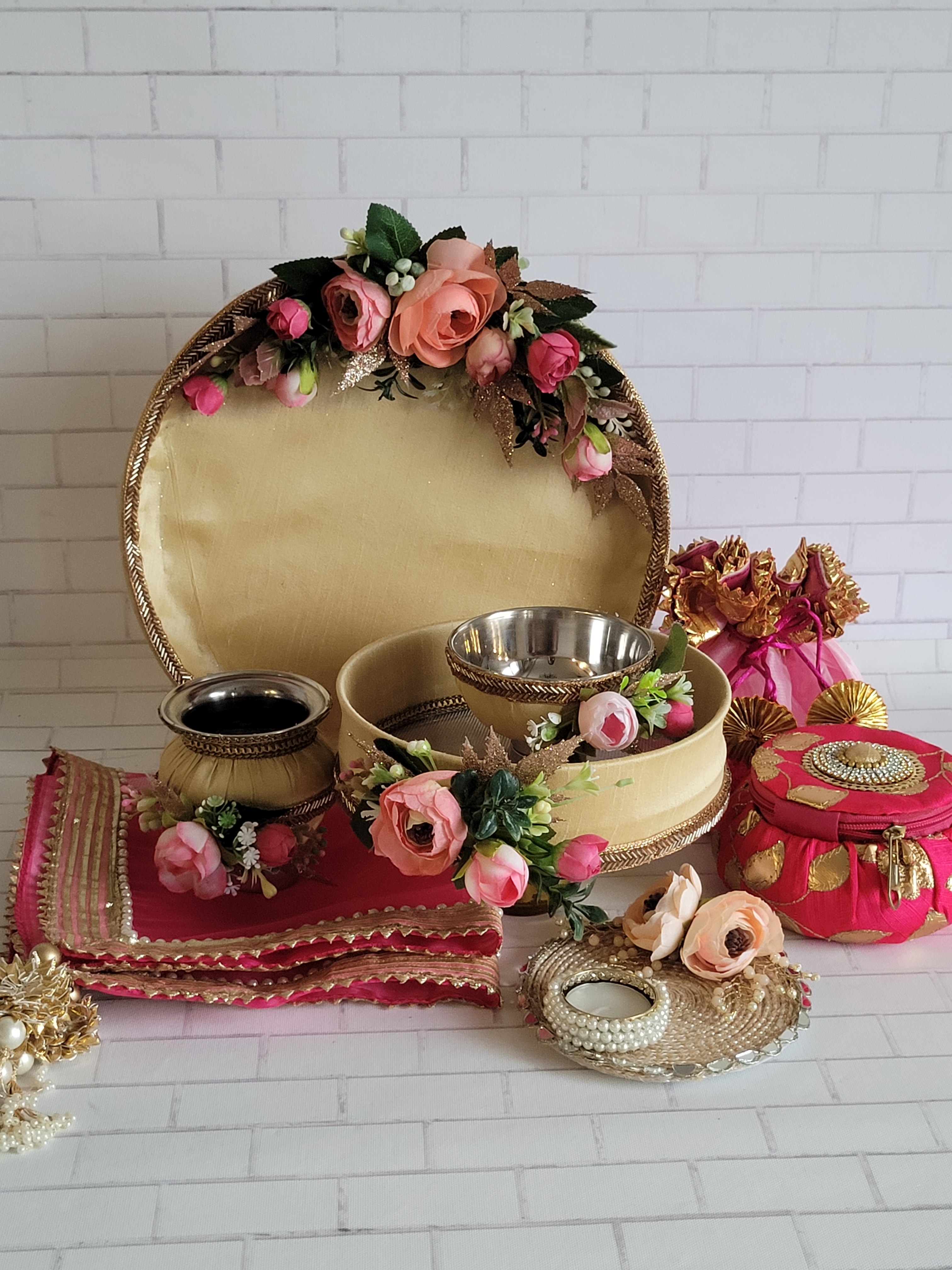 Beige & Pink Floral Work Karva Chauth Thali Set