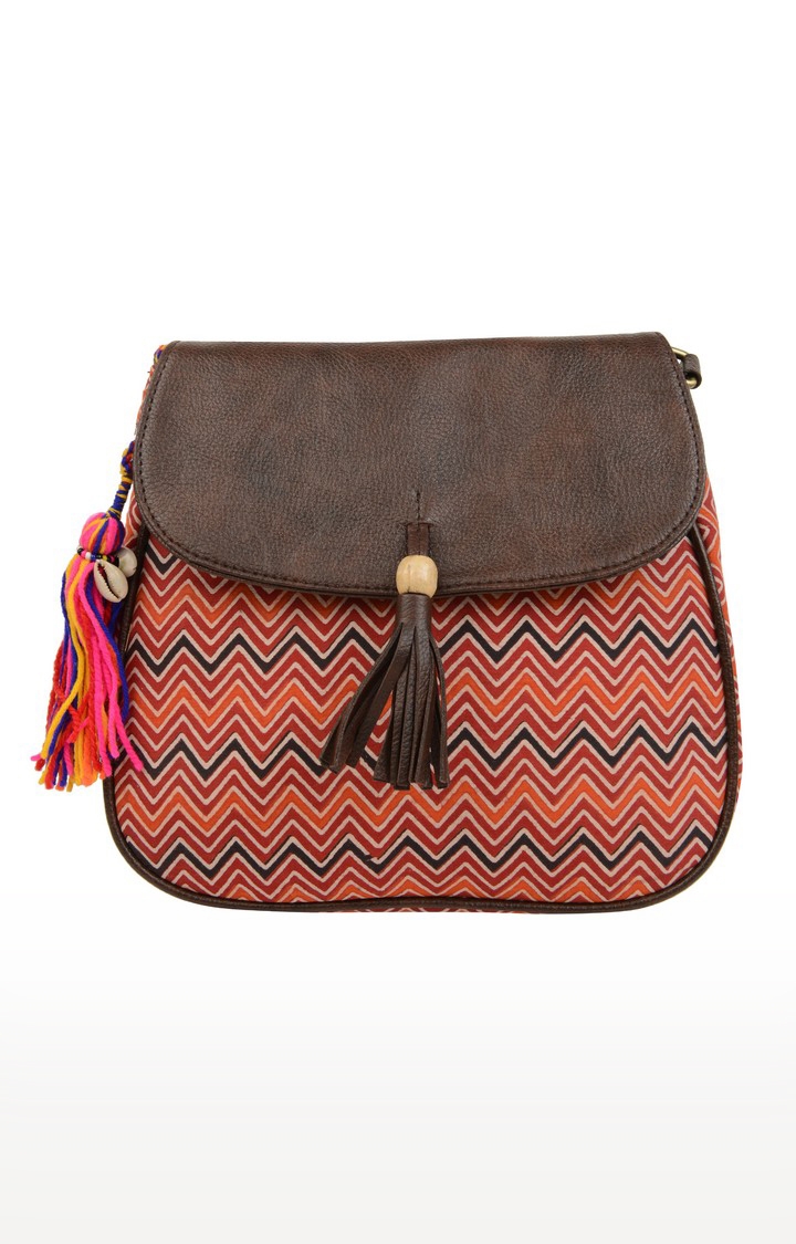 Vivinkaa Orange Women's Ethnic Leatherette/Cotton Multi Zigzag Tassel Printed Sling Bag