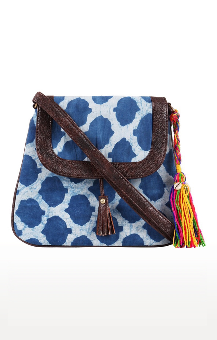Vivinkaa | Vivinkaa Blue Tassel Detail Spade Printed Sling Bags