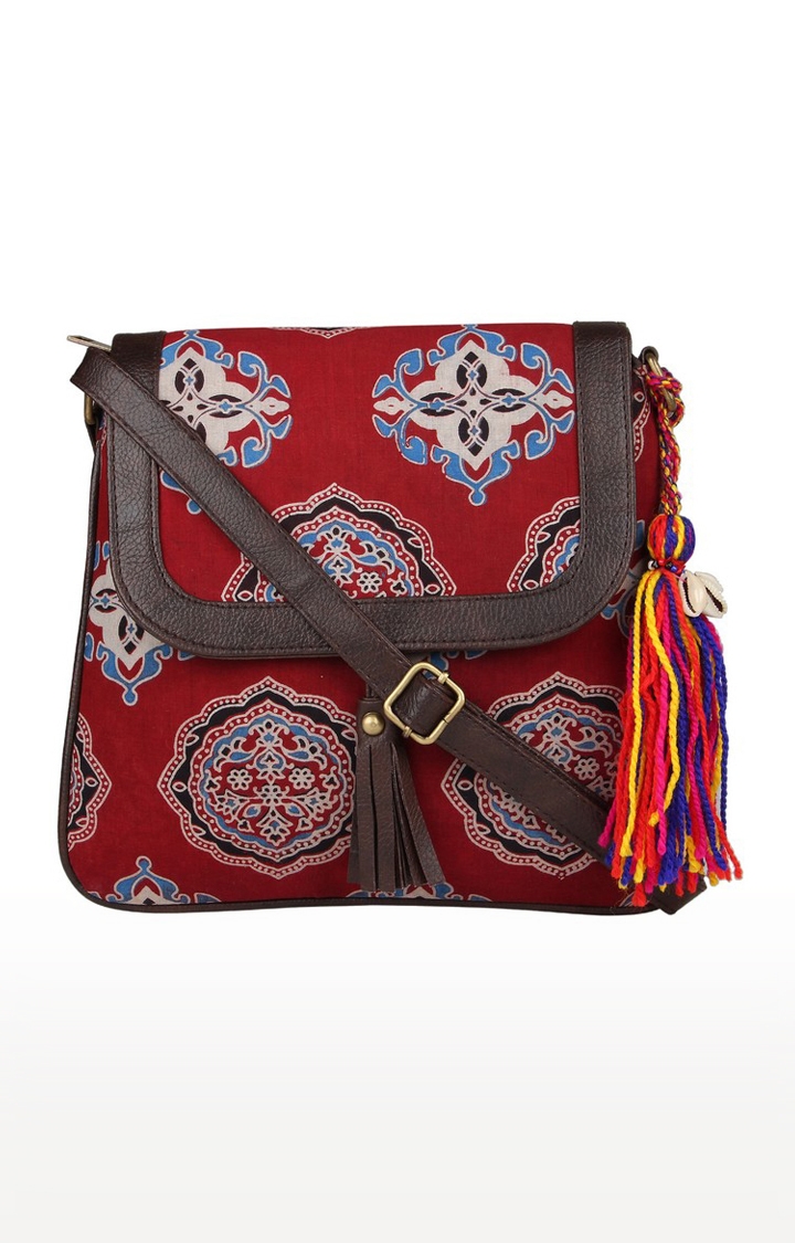 Vivinkaa Red Ethnic Faux Leather Cotton Festive With Tassel Printed Sling Bag