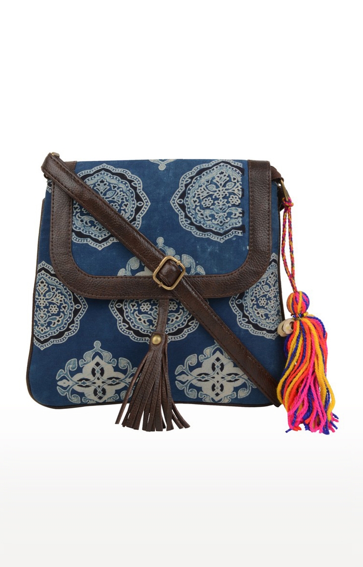 Vivinkaa Blue Women's Ethnic Leatherette/Cotton Stamp Tassel Printed Sling Bag