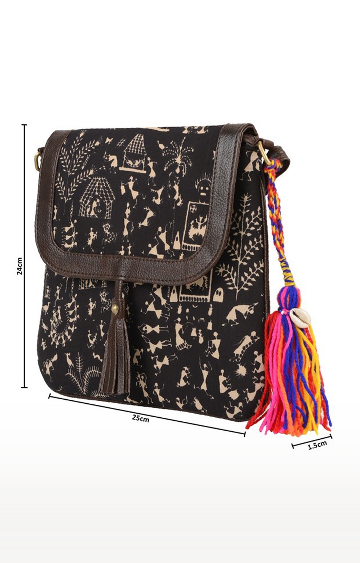 Vivinkaa Brown Ethnic Leatherette/Cotton Warly Printed Tassel Sling Bag