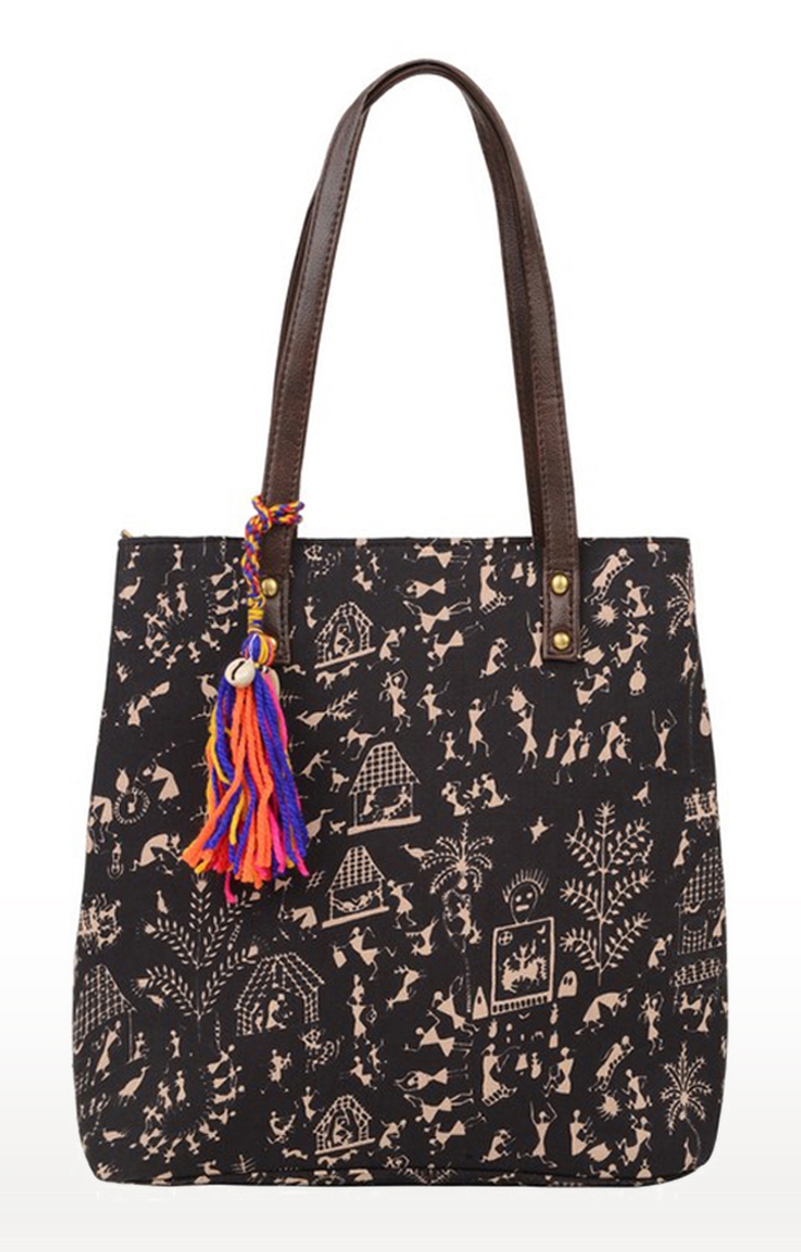Vivinkaa Brown Ethnic Faux Leather Cotton Warly Mini Tote Printed Hand Bag