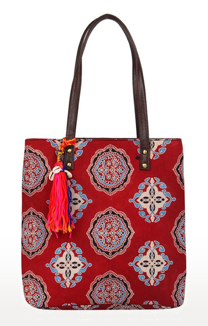 Vivinkaa Mini Red Dash Tote Ethnic Faux Leather Cotton Printed Totes Bags