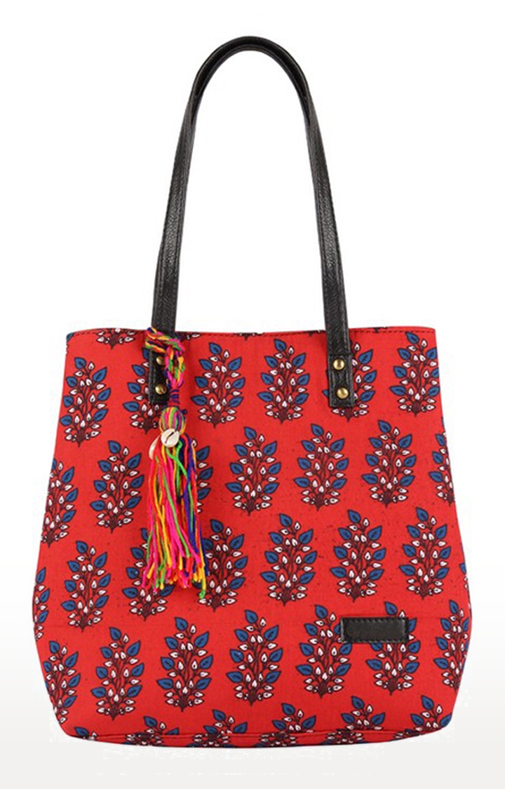 Vivinkaa | Vivinkaa Red Ethnic Faux Leather Cotton Mini Tote Printed Hand Bag