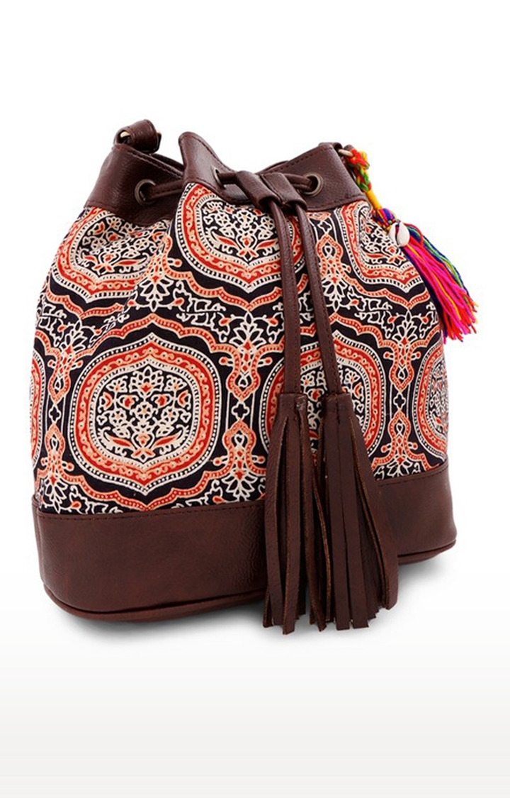 Vivinkaa Brown Ethnic Printed Bucket Sling Bag