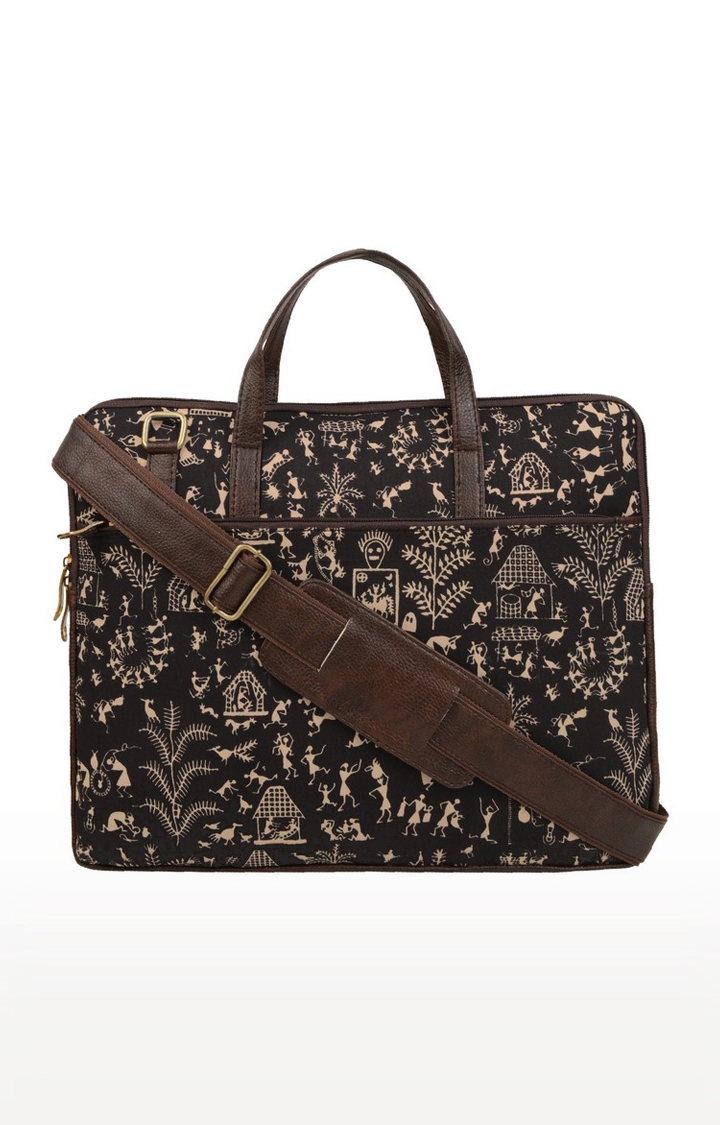 Vivinkaa Brown Leatherette/Cotton 15.6 Inch Warly Printed Padded Laptop Messenger Bag 