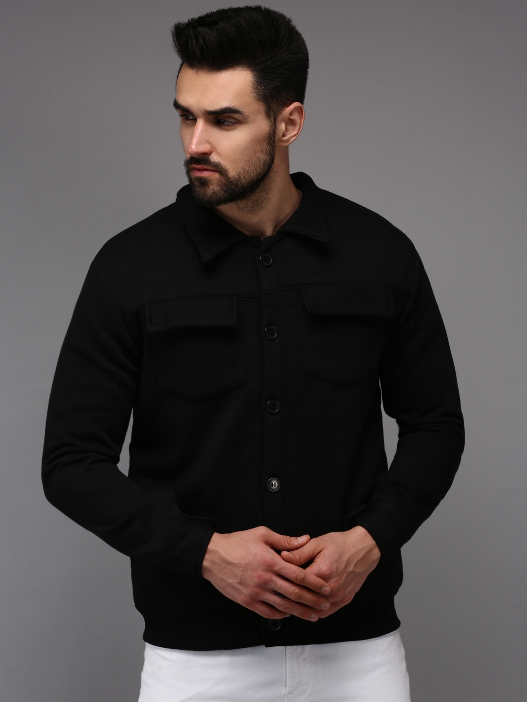 Showoff | SHOWOFF Men's Shirt Collar Black Solid Sweatshirt