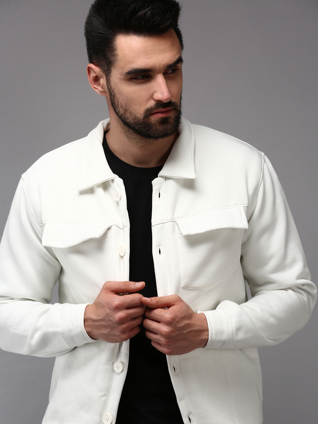 Showoff | SHOWOFF Men's Shirt Collar White Solid Sweatshirt
