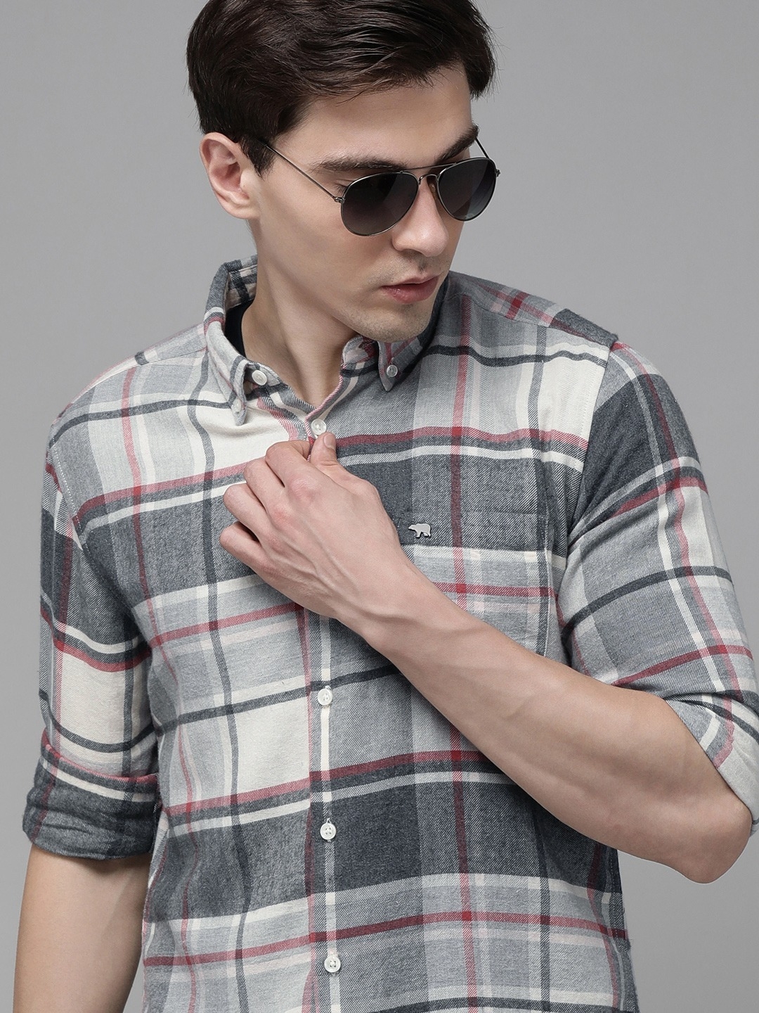 The Bear House | Men's Grey Checked Slim Fit Casual Shirt