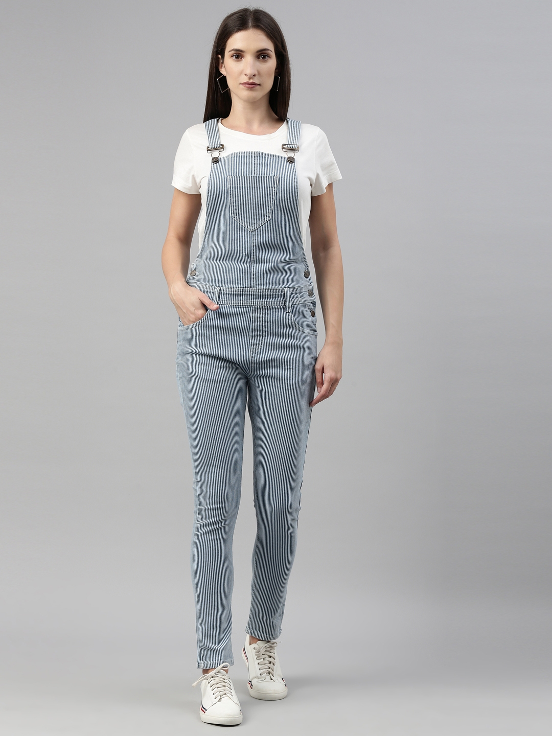 Enviously Young | White & Blue Striped Dungarees