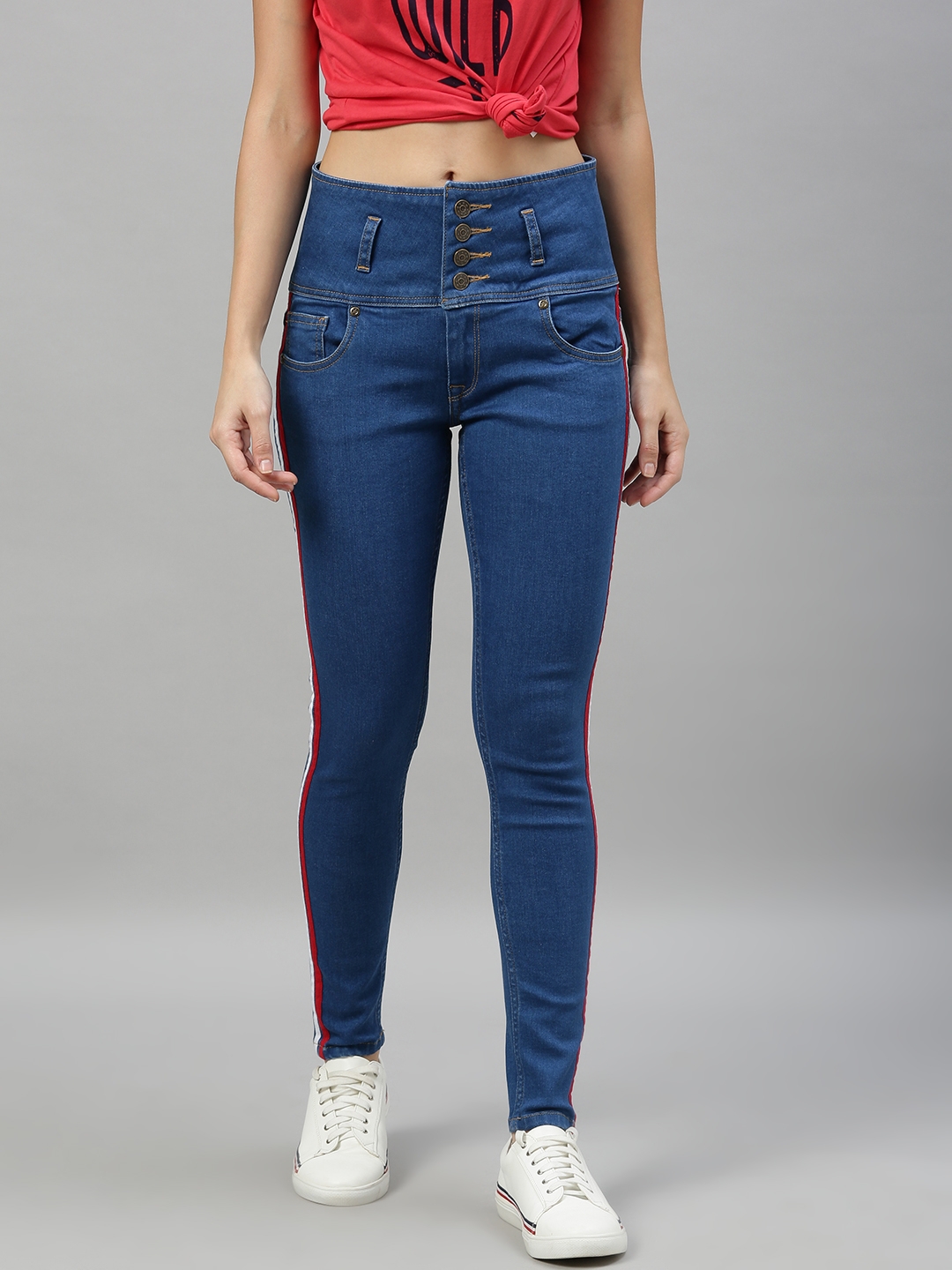 Enviously Young | Enviously Young High Rise 5 Button Blue Jeans with Sidetape