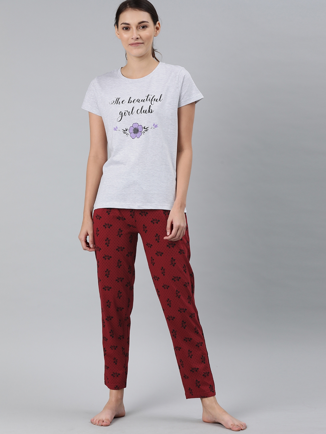 Enviously Young | Grey Melange & Maroon T-Shirt and Pyjama Set
