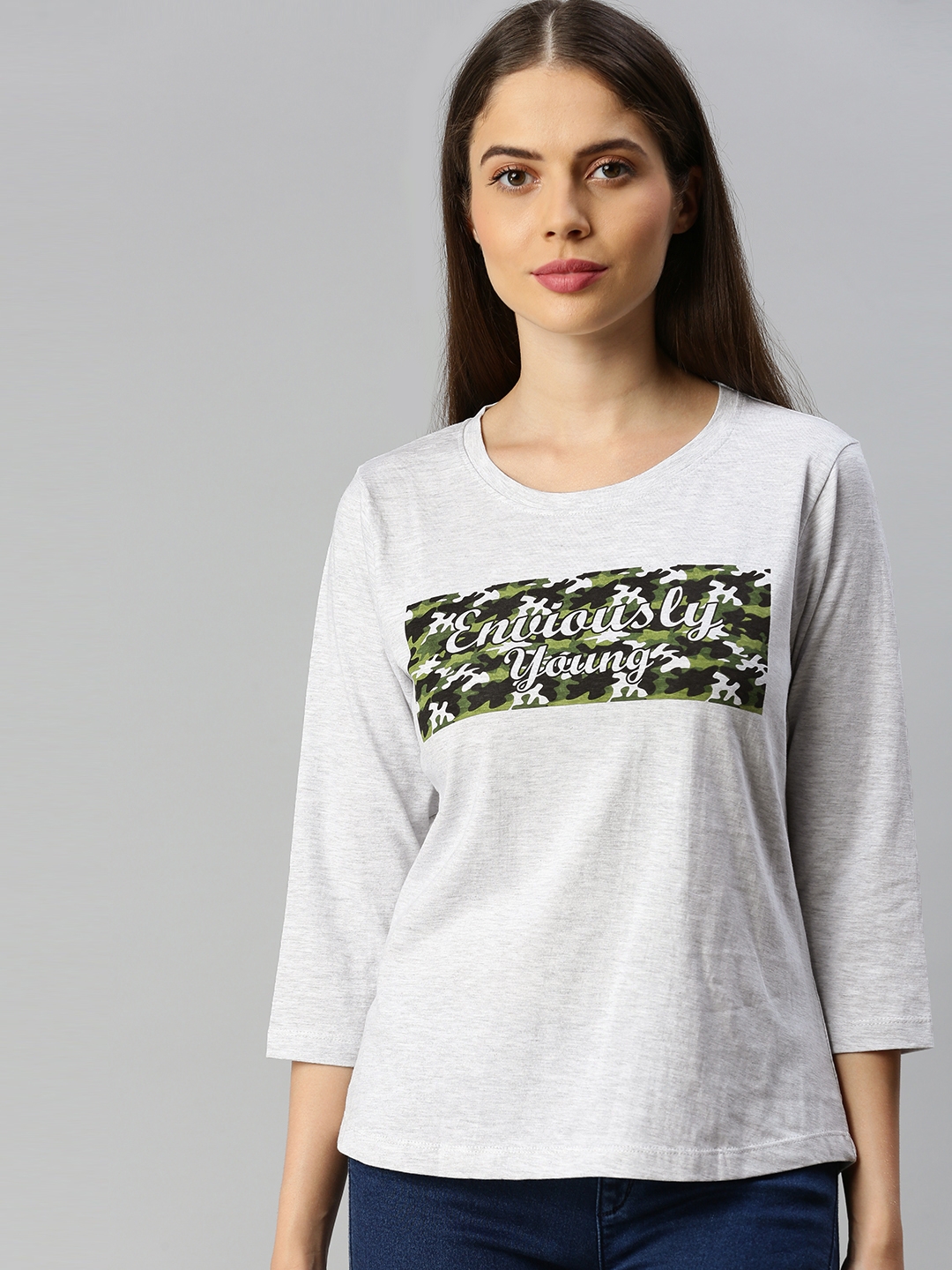 Enviously Young | Light Grey Melange Printed T-Shirts