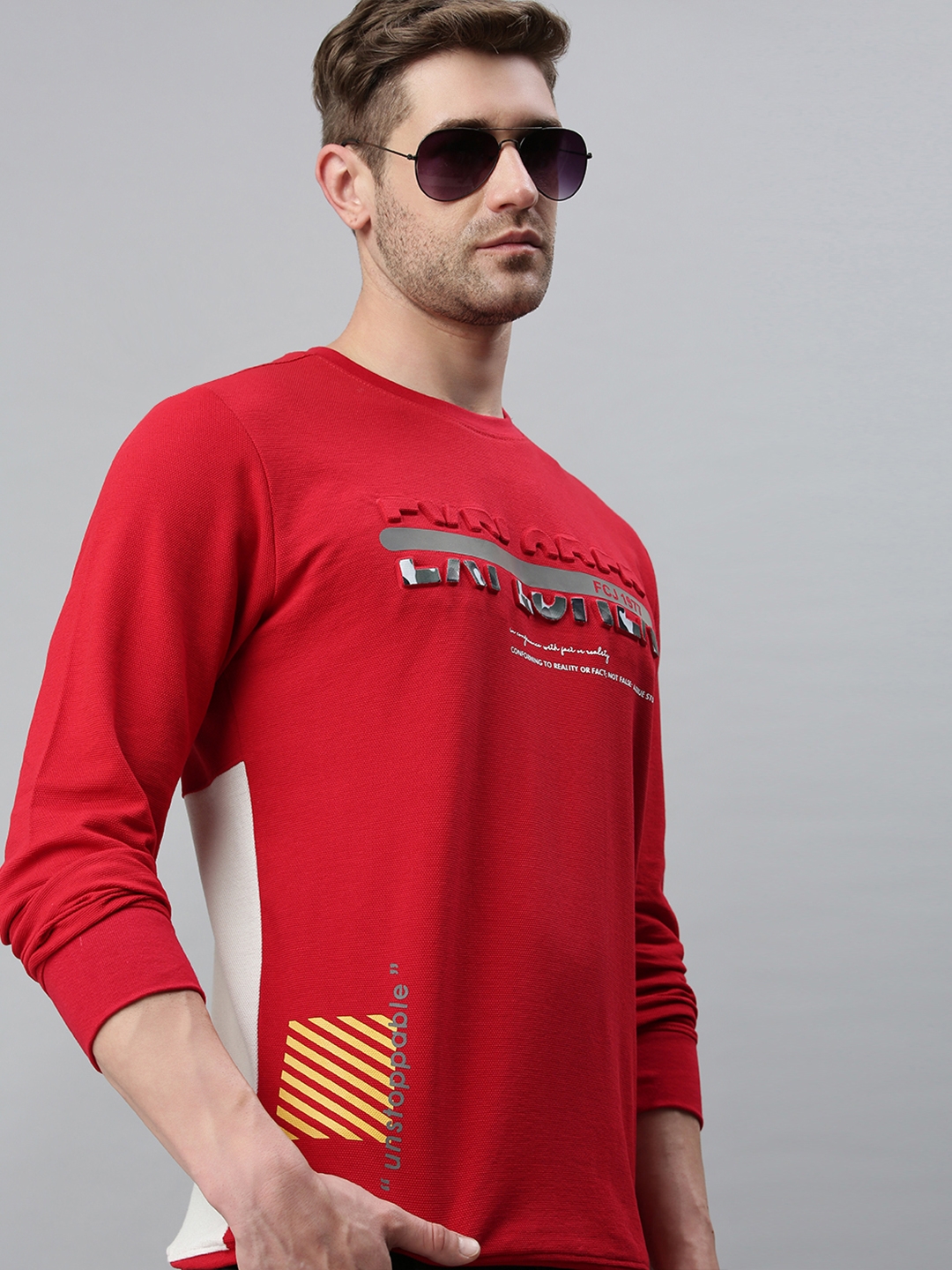 Showoff | Showoff Men's Cotton Casual Red Textured Sweatshirt