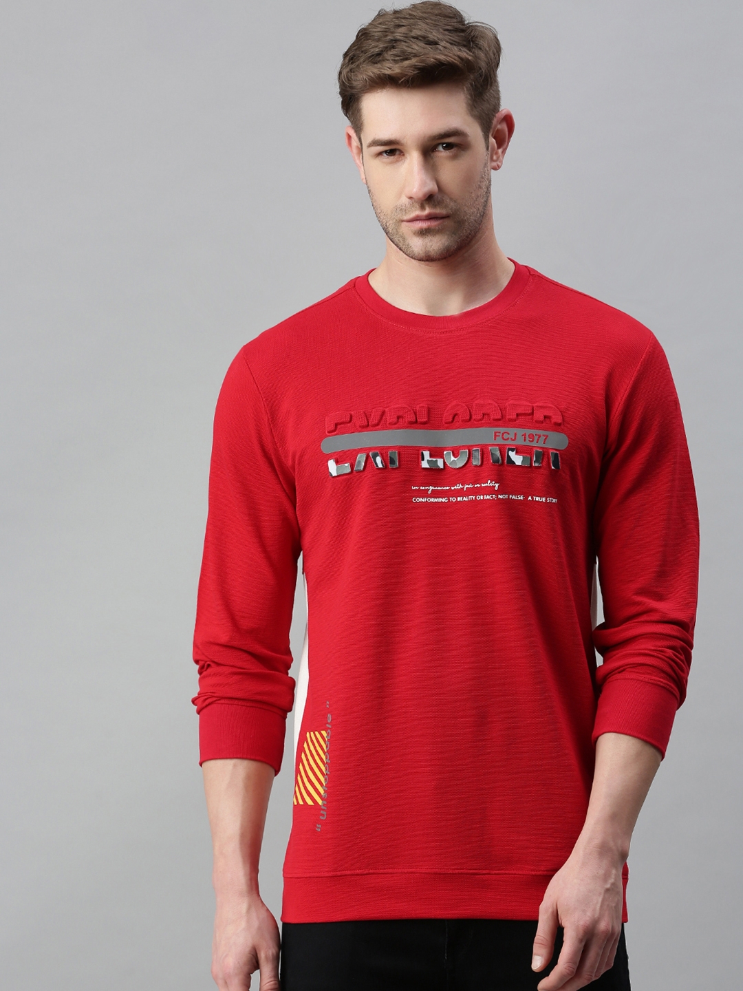 Men's Red Cotton Blend Textured Sweatshirts