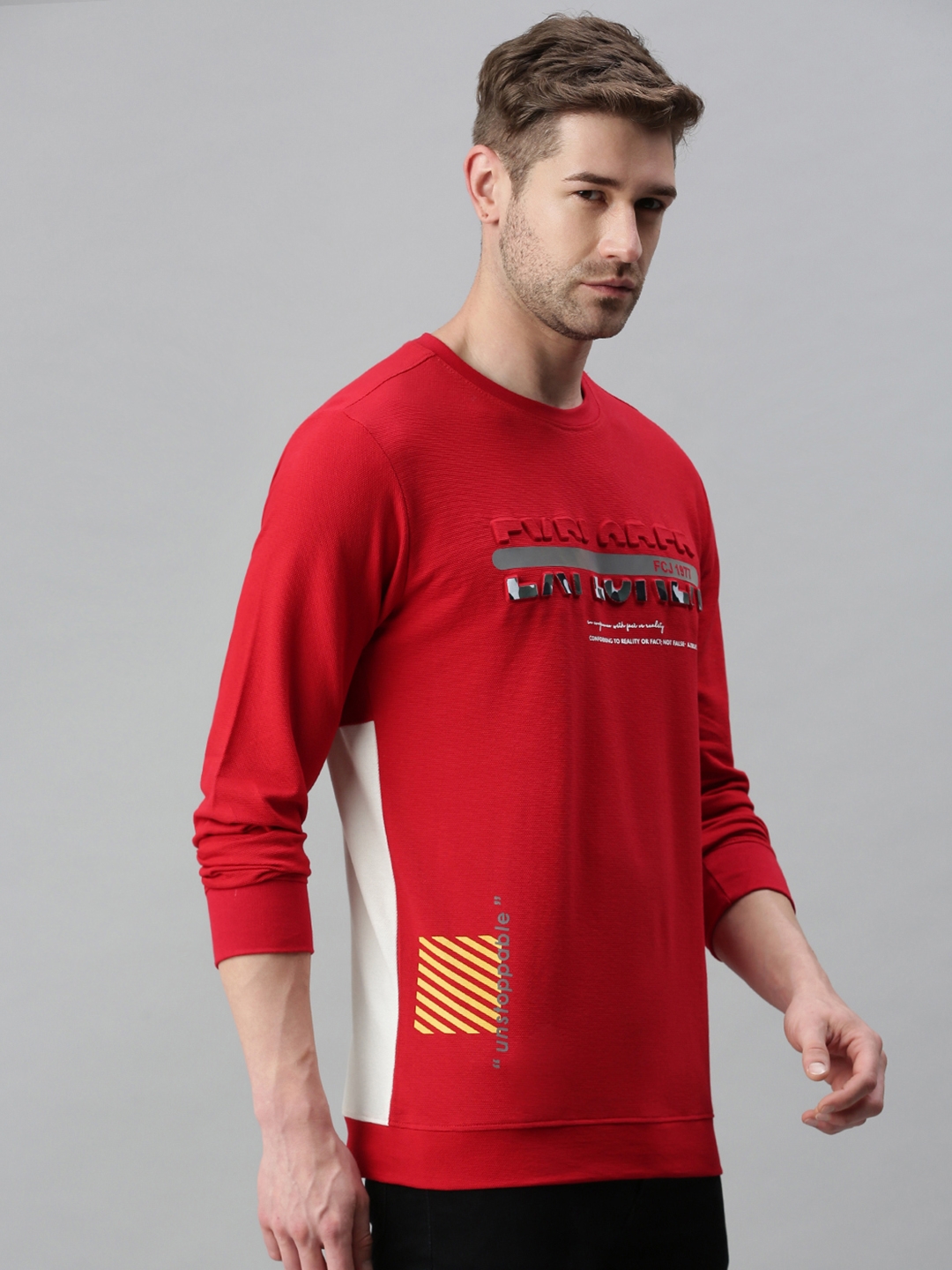 Men's Red Cotton Blend Textured Sweatshirts