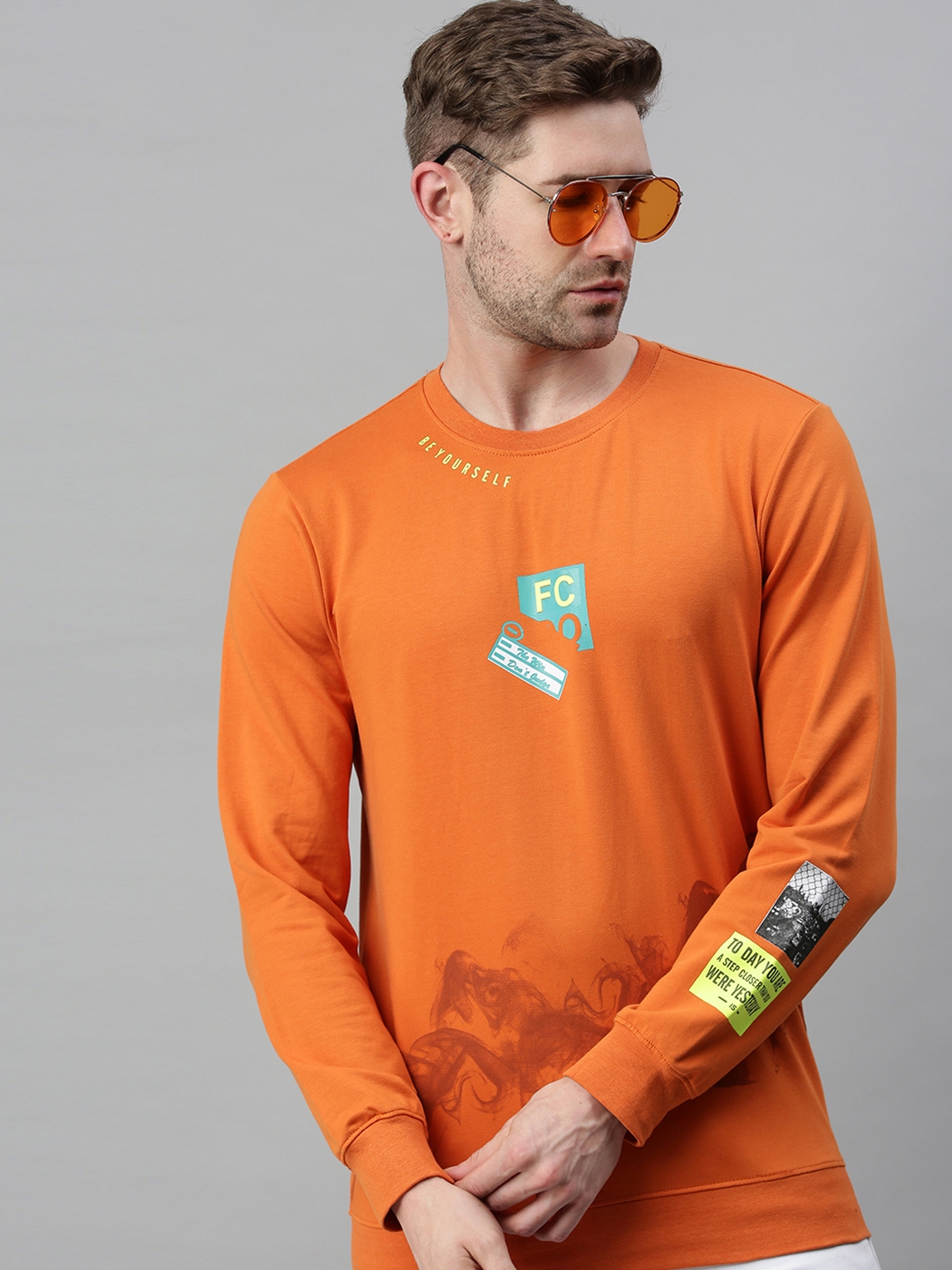 Showoff | Showoff Men's Cotton Casual Orange Printed Sweatshirt