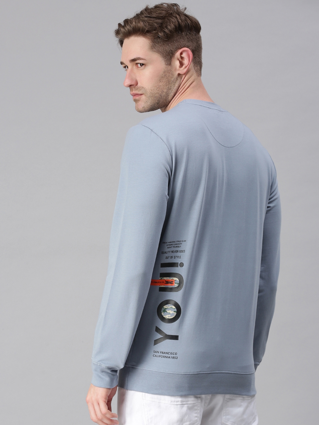 Men's Blue Cotton Blend Textured Sweatshirts