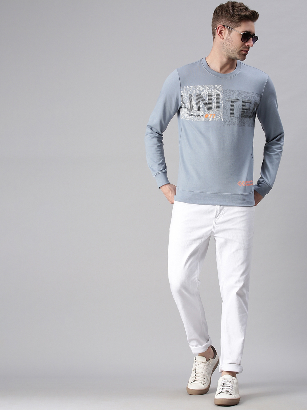 Men's Blue Cotton Blend Textured Sweatshirts