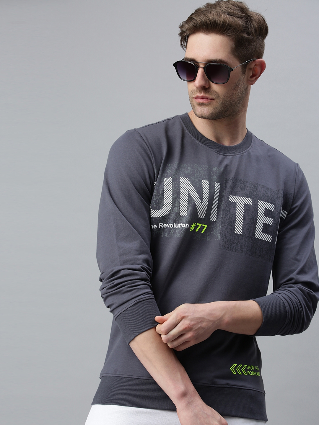 Showoff | Showoff Men's Cotton Casual Grey Printed Sweatshirt