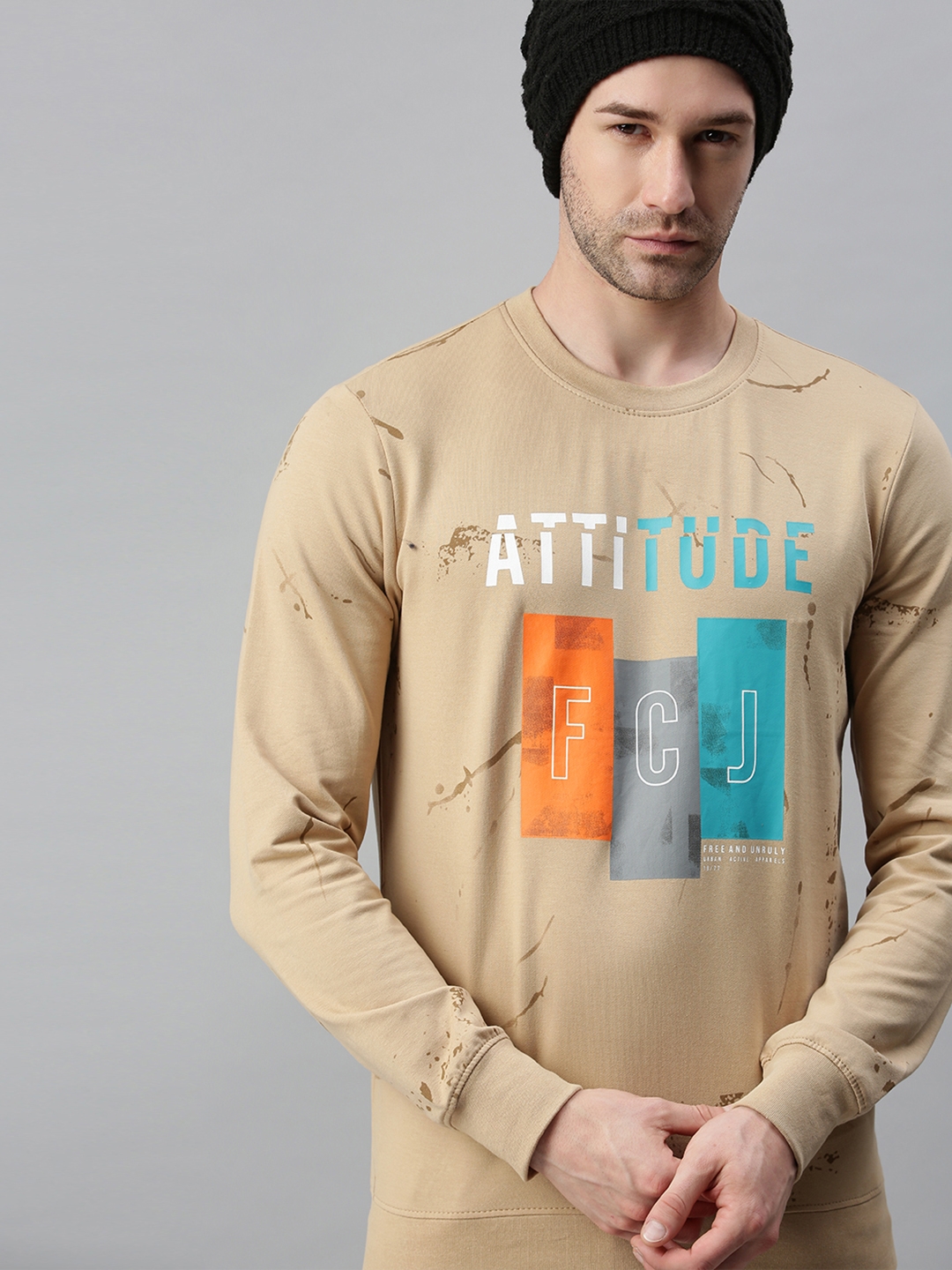 Showoff | Showoff Men's Cotton Casual Beige Printed Sweatshirt