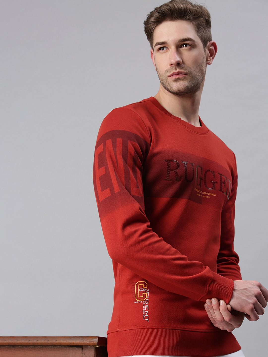 Showoff | Showoff Men's Cotton Casual Red Textured Sweatshirt