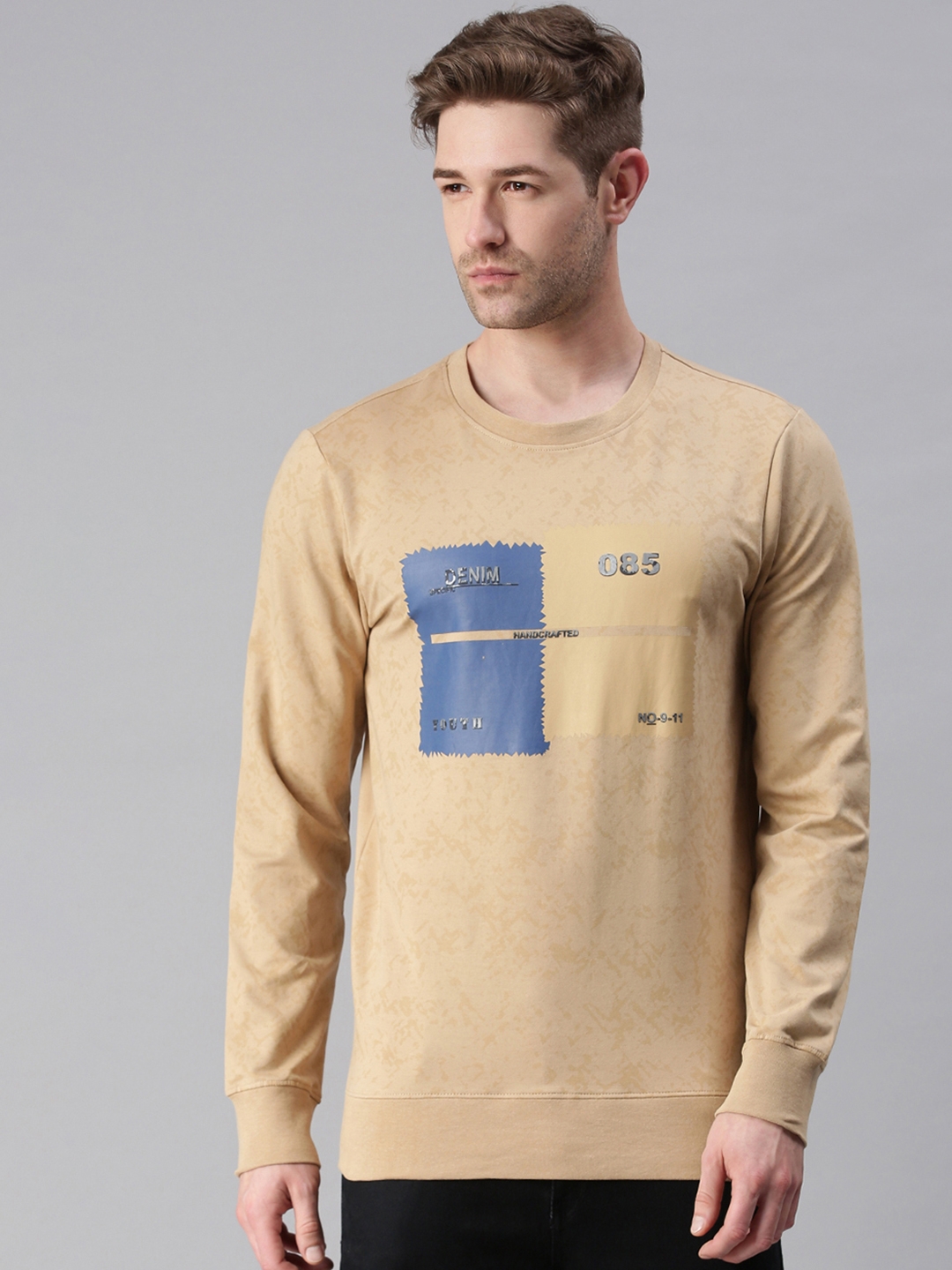 Men's Beige Cotton Blend Printed Sweatshirts