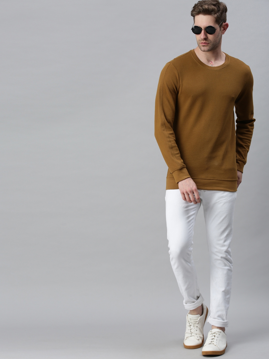 Men's Brown Cotton Blend Solid Sweatshirts