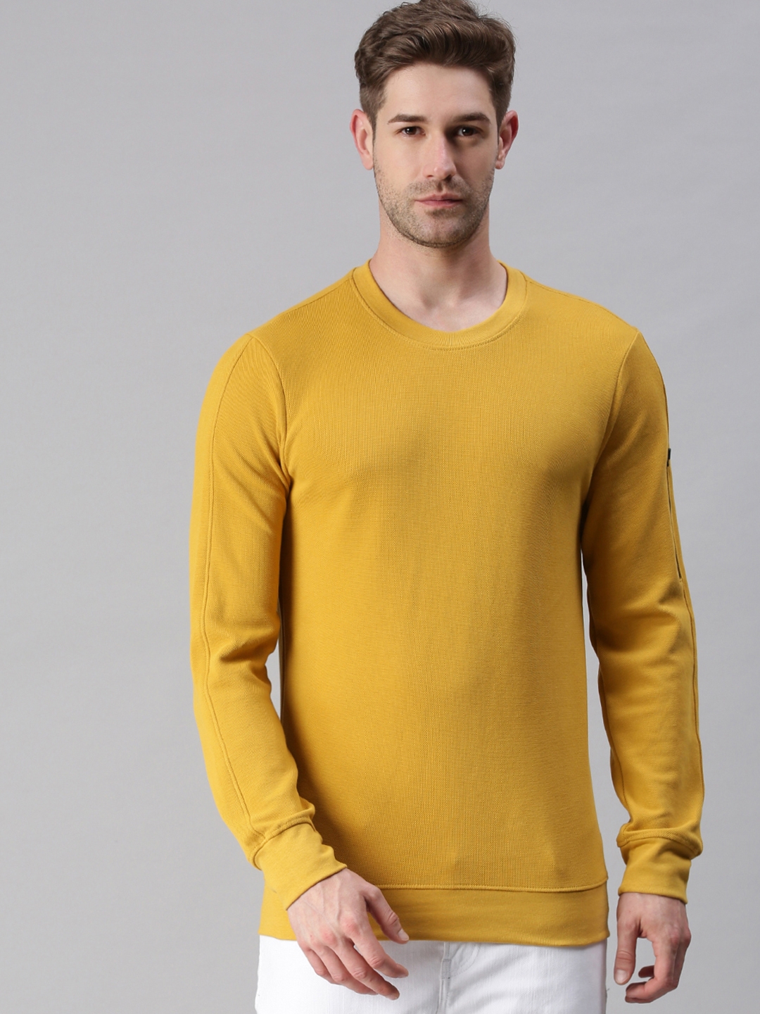 Men's Yellow Cotton Blend Solid Sweatshirts
