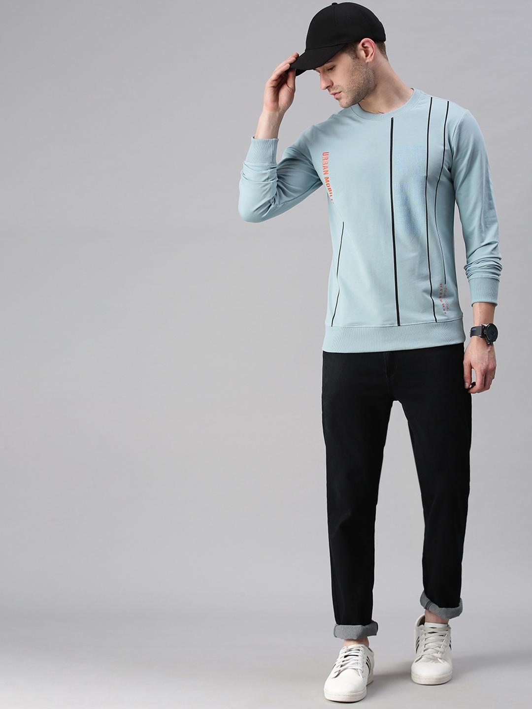 Men's Blue Cotton Blend Printed Sweatshirts