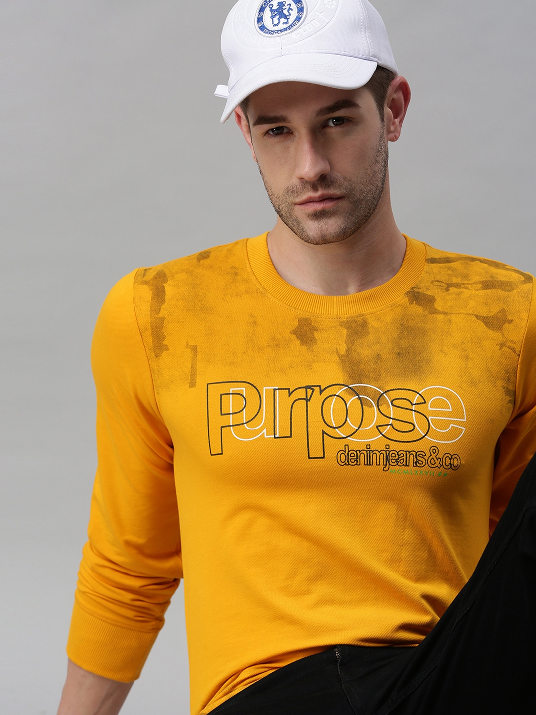 Showoff Men's Cotton Casual Yellow Printed Sweatshirt
