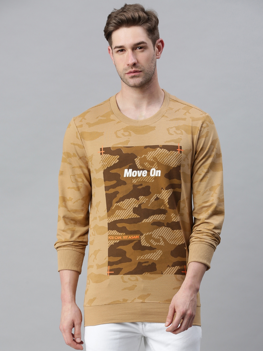 Men's Beige Cotton Blend Camouflage Sweatshirts