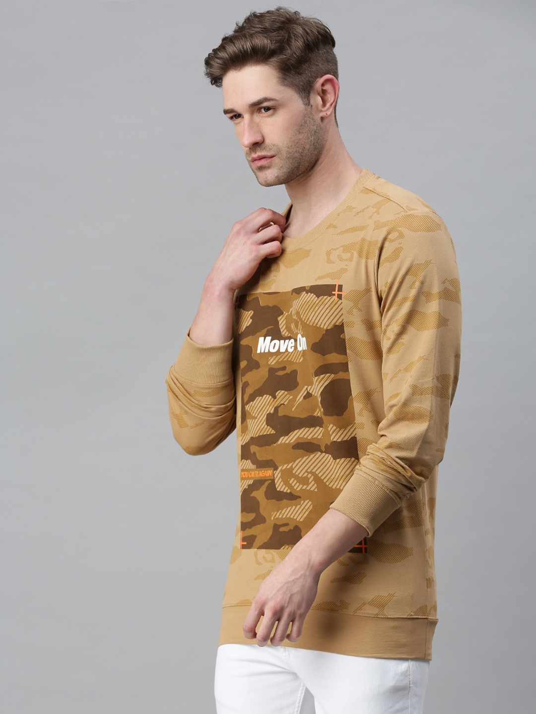 Men's Beige Cotton Blend Camouflage Sweatshirts