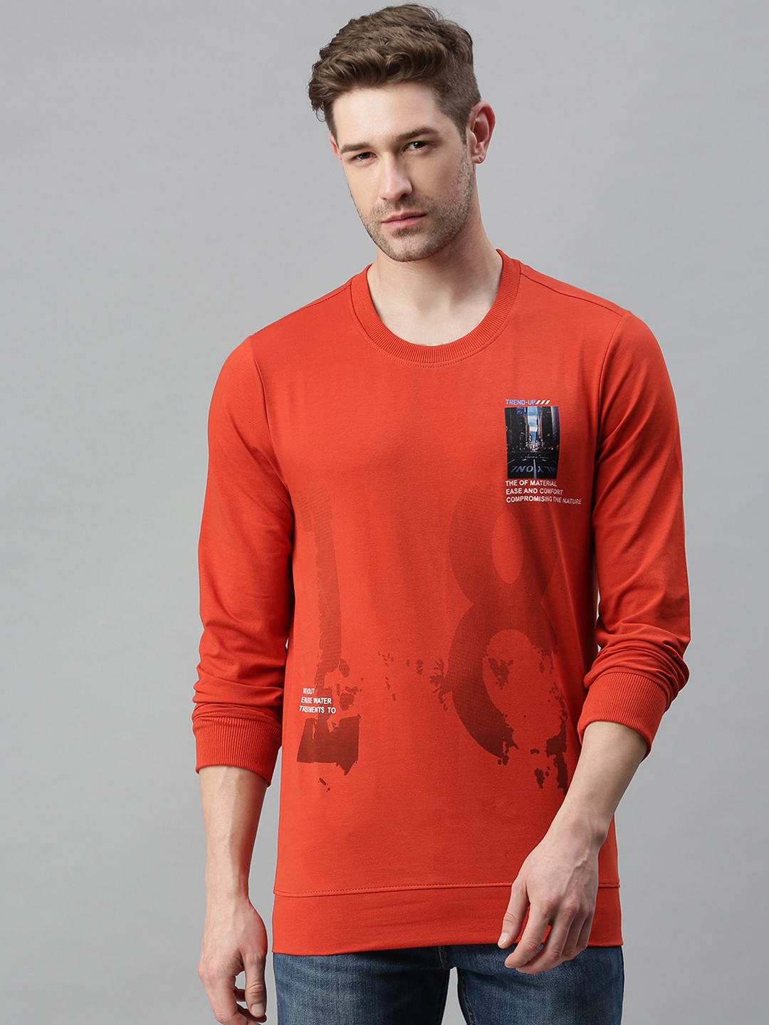 Men's Orange Cotton Blend Printed Sweatshirts