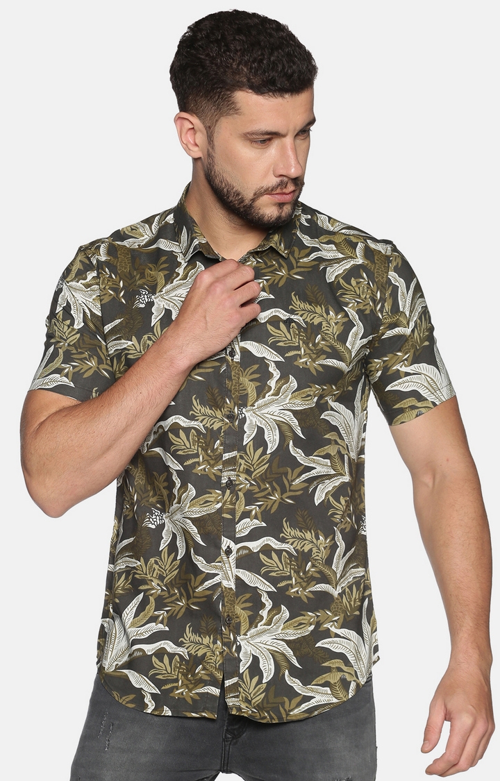 Men's Green Cotton Floral Casual Shirts