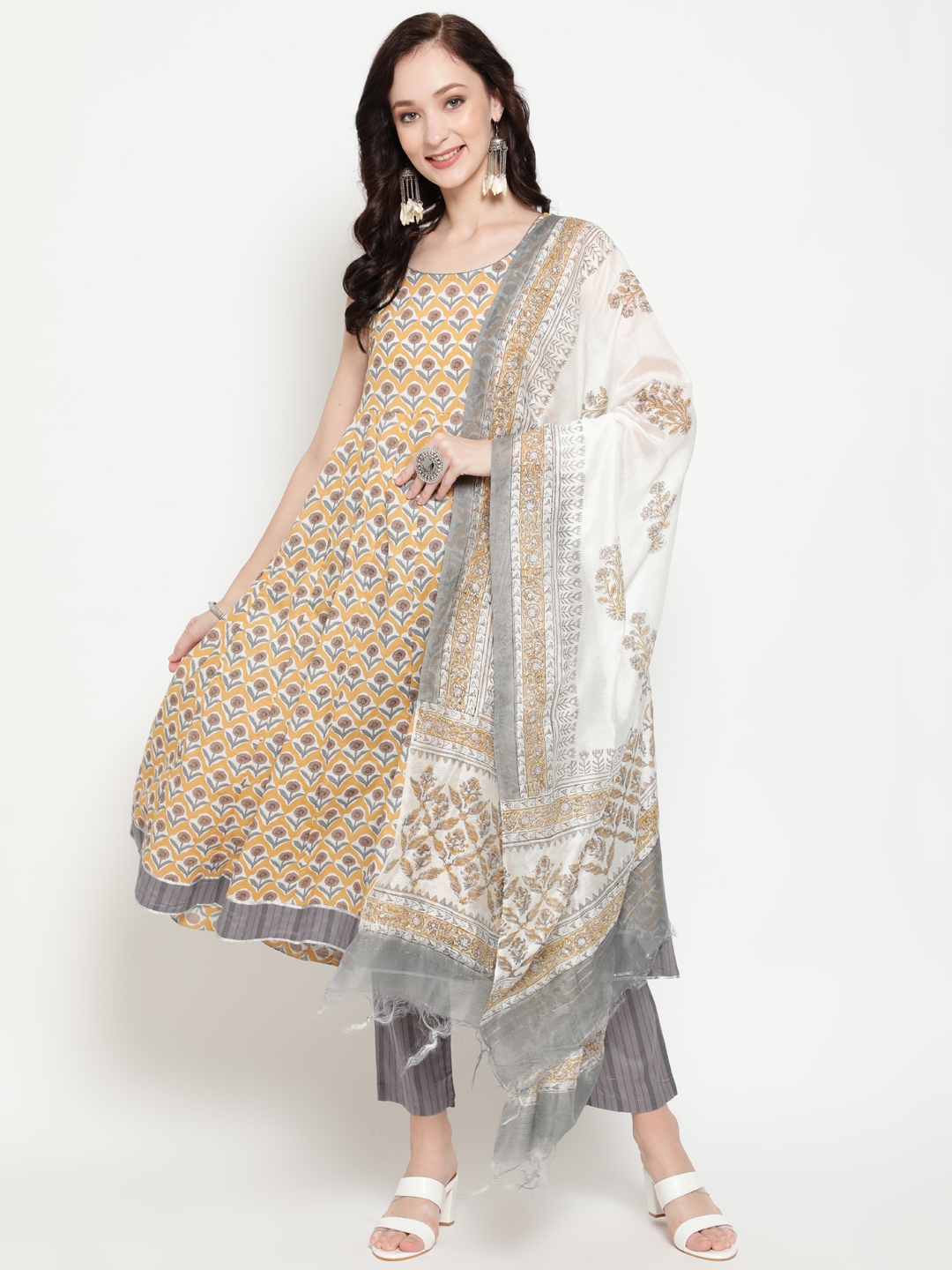 ANTARAN | Yellow and Grey Floral Printed Anarkali With Pant and Dupatta Set