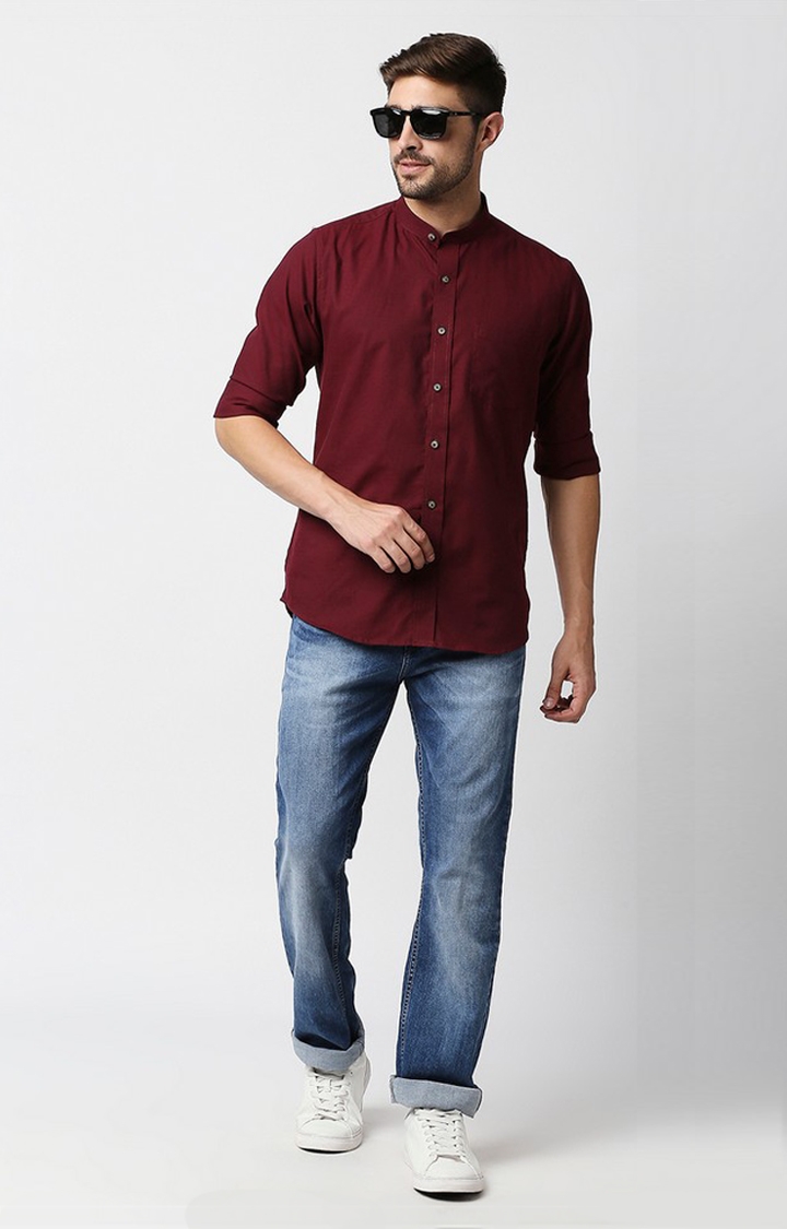 EVOQ's Maroon Flannel Full Sleeves Cotton Casual Shirt with Mandarin Collar for Men